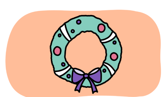 A festive wreath on a peach background. The wreath is green, has white ribbons and a purple bow, with purple and pink circles to suggest baubles.